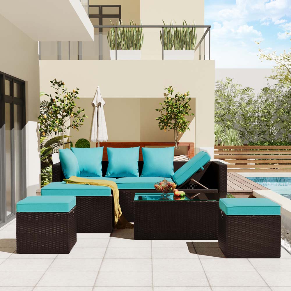 Outdoor Conversation Sets, YOFE 5 Piece Sectional Sofa with Beige Cushions, Rattan Wicker Patio Furniture Sets w/ Coffee Table, Sofas, Ottomans, Patio Dining Set for Backyard Pool Garden, Brown, D2569 - image 1 of 12