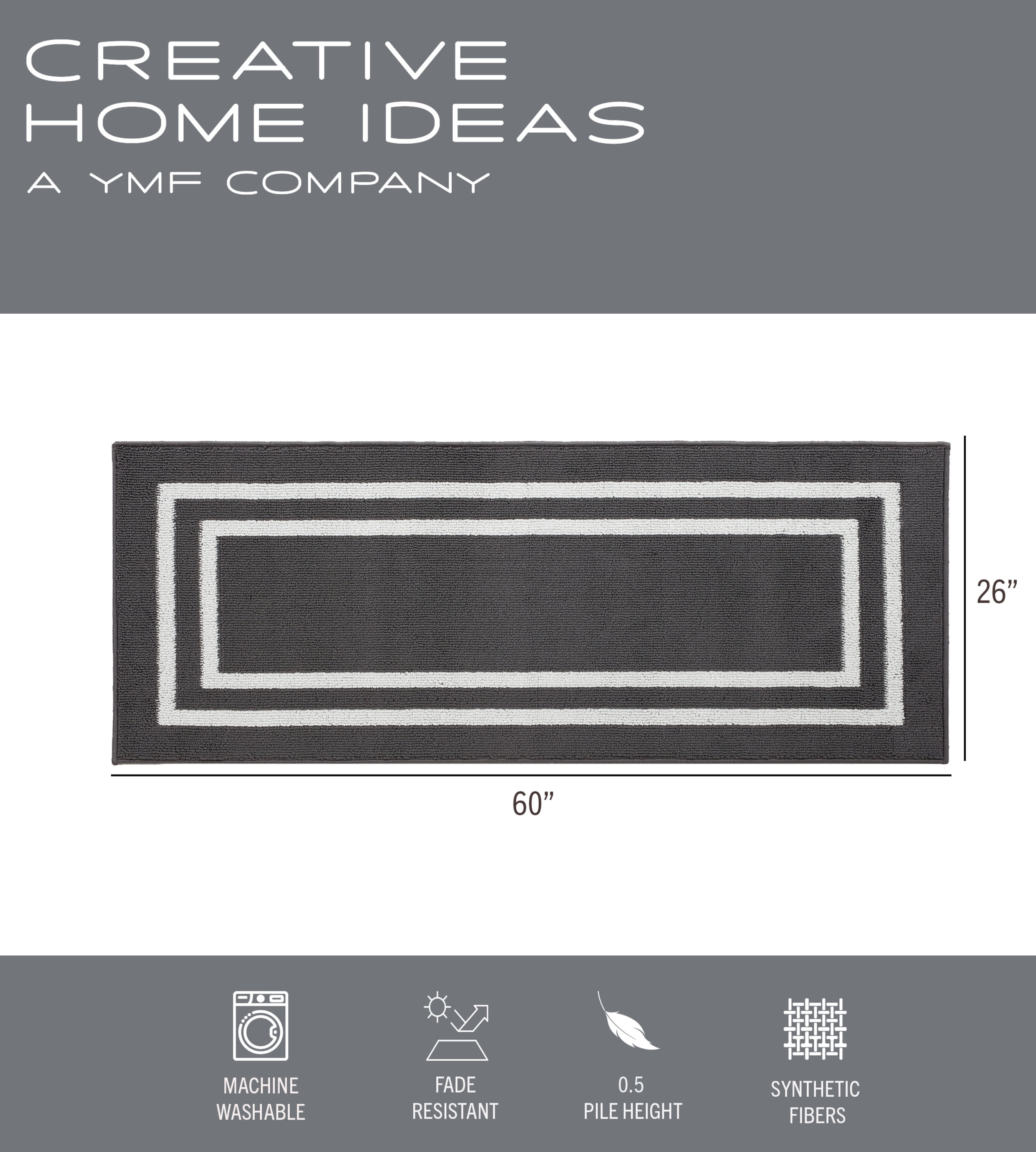 Washable Skid-Resistant Runner Rug, Border, Dark Grey and White, 26" x 60"