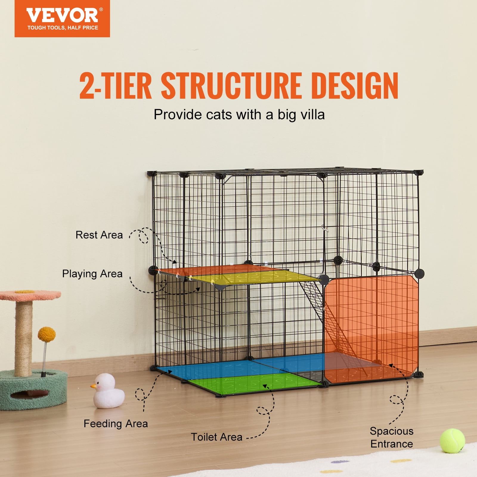 VEVOR Large 2-tier Cat Cage, 28 x 28 x 28", DIY Detachable Metal Wire Cat Enclosure, with Ramp Ladder Adjustable Resting Platform, Crate Large Indoor ＆ Outdoor Exercise Place for Small Animals, Black