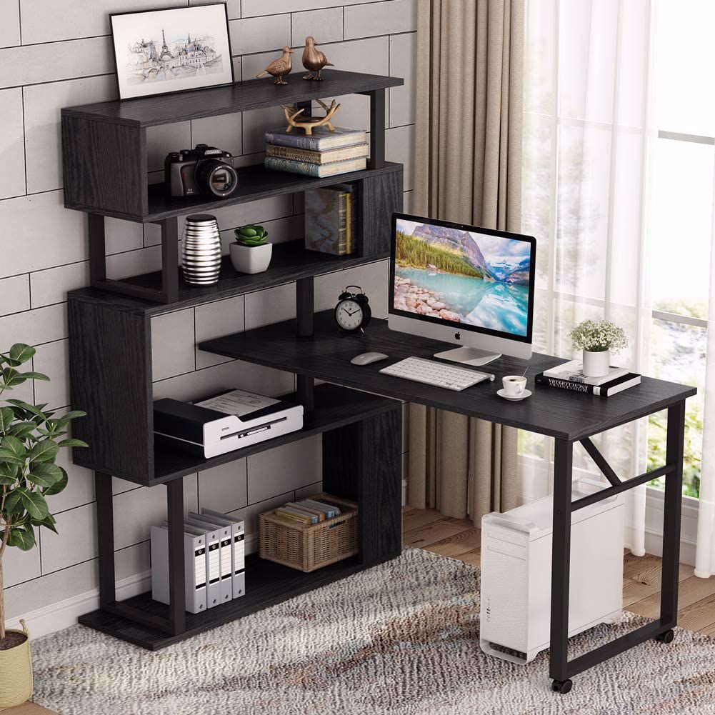 Tribesigns L Shaped Rotating Standing Desk Reversible Table with Storage Shelf 