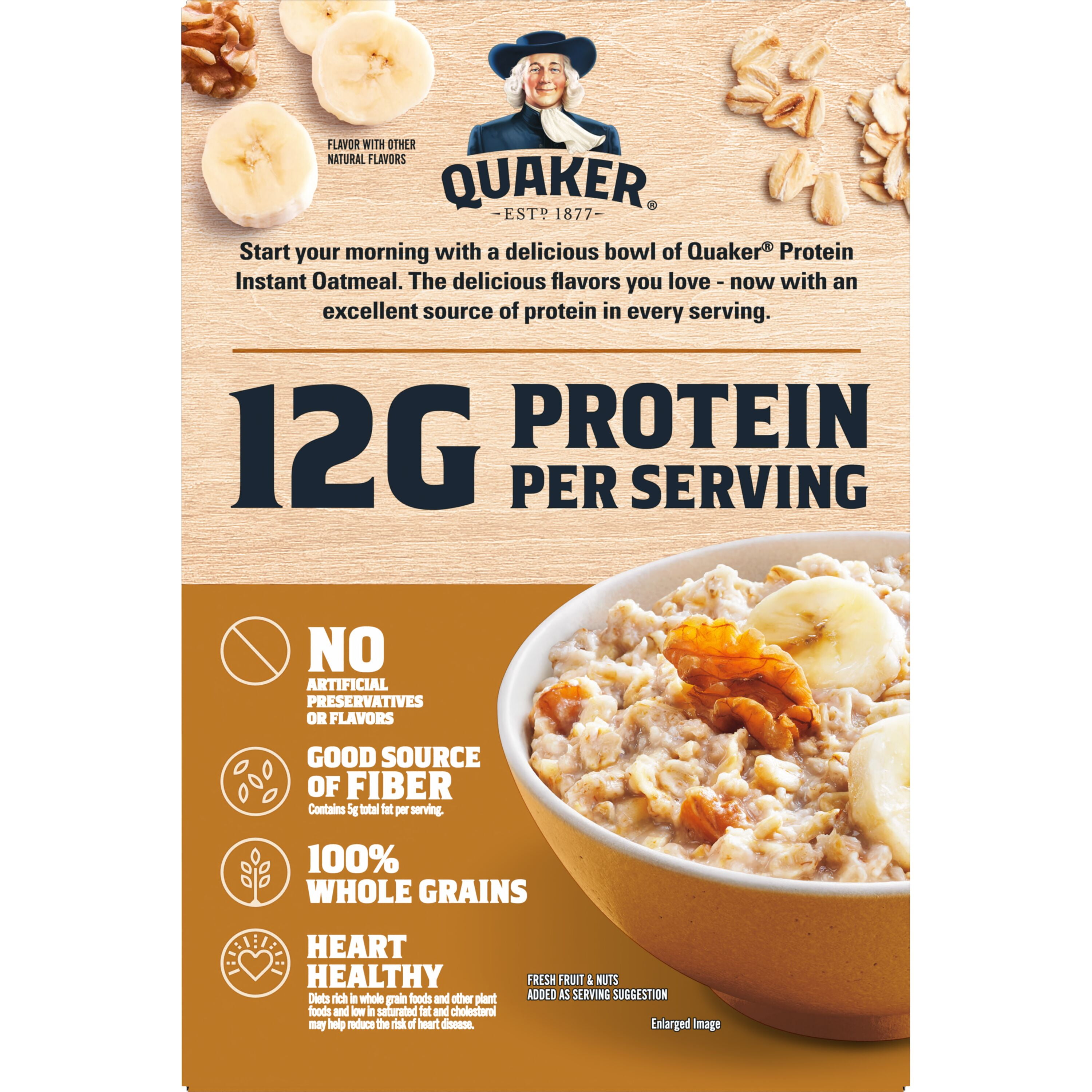 (6 pack) Quaker Protein Instant Oatmeal, Banana Nut, 12g Protein per Serving, Whole Grains, No Artificial Flavors, 2.15 oz Packets, (6 Pack)​