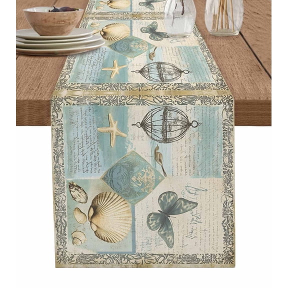 Coastal Beach Table Runner 72 Inches, Summer Butterfly Nautical Conch Starfish Bed Runner Dresser Scarves Tabletop for Indoor Outdoor Parties/Ceremony/Banquet, 13" x 72"
