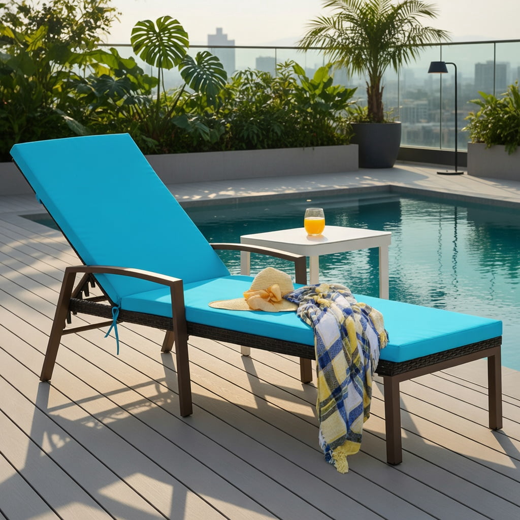 Hommoo 2-Pack Outdoor Rattan Reclining Chaise Lounge Chairs with Removable Cushions, 5-Position Adjustable Backrest, Weather-Resistant Patio Seating, Turquoise