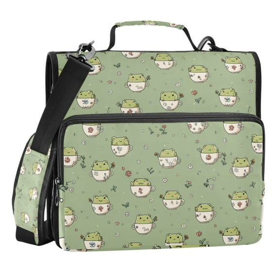Zipper Binder Cute Frog with Flowers 1.5 Inch Binder Folder Bag with Shoulder Strap and Handle