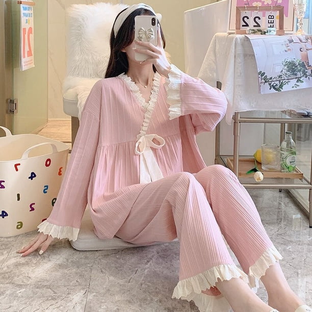 Conjunto de pijama con volantes para mujer, ropa de dormir con pantalones largos de encaje, 2 piezas, cuello en V, estilo coreano sólido, ropa de noche de otoño
