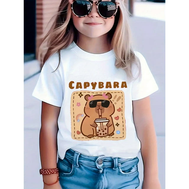 Adorable Capybara Milk Tea Cartoon T-Shirt for Youngsters - Soft & Comfy Cotton Short Sleeve, Crew Neck, Summer Casual Top in Pink with Playful Bear Design