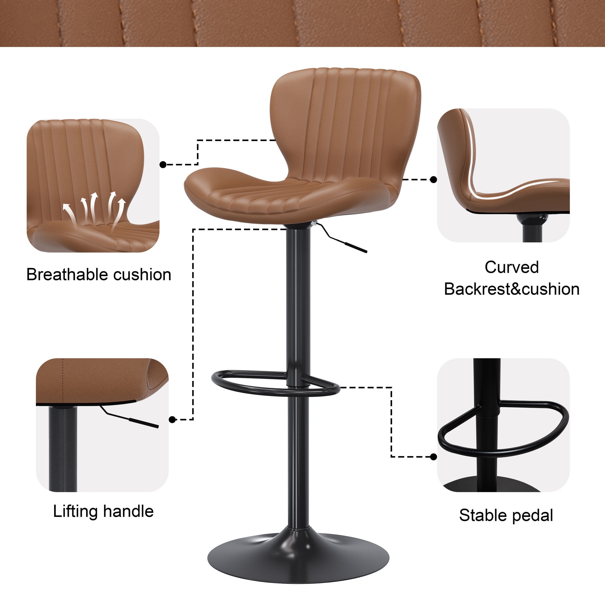 Walsunny Adjustable Bar Stools Set of 2 Leather Upholstered Swivel Counter Stools Counter Height Bar Stools with Large Base, Room Bar, Brown