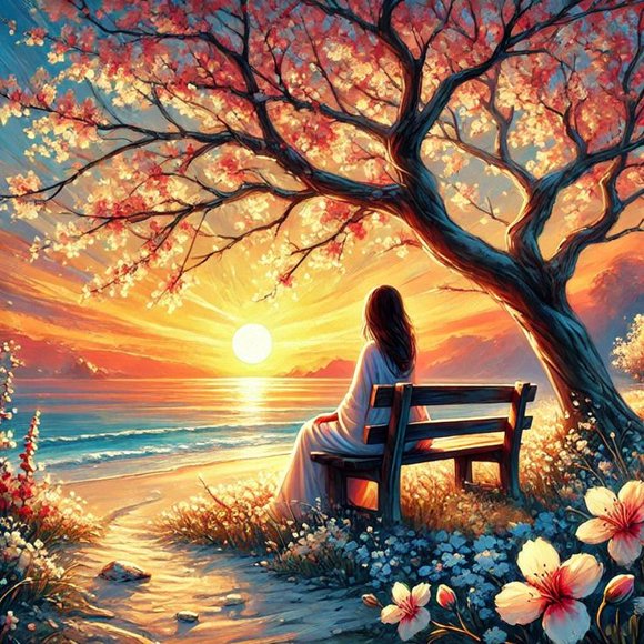 One-piece diamond painting set: Serene Sunset Woman, Acrylic Abstract Landscape, 5D DIY Diamond Embroidery Set, 3D Mosaic Art Decoration, 40×40 cm, Frameless.,3523,Full Round 40x40cm