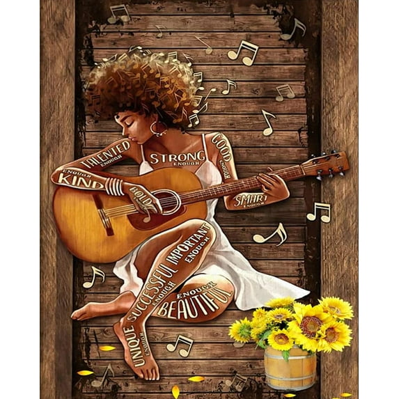 TISHIRON Paint by Numbers for Adults,16x20 inch Canvas Wall Art Fashion Black Girl Playing Guitar Oil Painting by Numbers Kit for Beginner (Frameless)