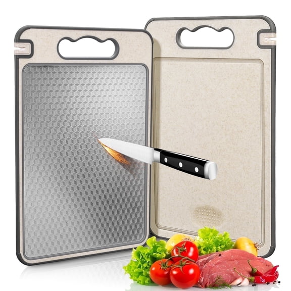 Vesteel Stainless Steel Cutting Board, 14” x 10” Double-Sided Chopping Board, Mesh Design Stainless Steel and Wheat Straw PP for Kitchen, Non Toxic & Scratch Resistant