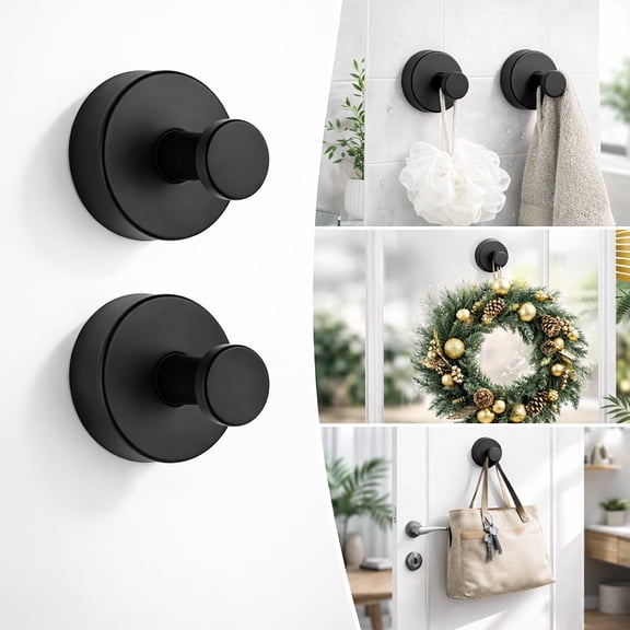 2 Pack Suction Cup Hooks, No-Drill Wall Hooks for Glass, Tile & Mirror, Black Wreath Hanger for Front Door, Bathroom Shower Towel Hook