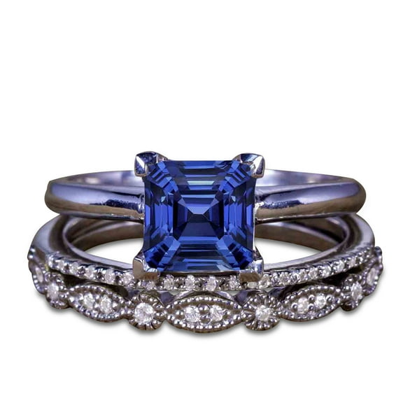 JeenMata 1.50 ct Princess Cut Dark Lab Created Blue Sapphire Vintage Wedding Rings - Trio Bridal Set in 18K Black Gold over Silver