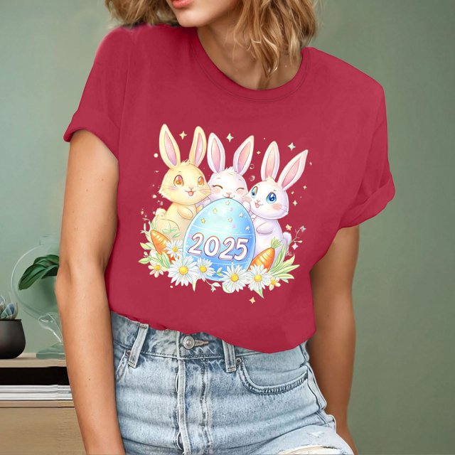 Ounisa T-Shirts à Manches Courtes pour Femmes Col Rond Imprimé Lapin de Pâques Tissu Doux Coupe Ample Printemps Été 2026 Mode Décontractée Quotidienne Confortable Tendance Basique Hauts P-2TG