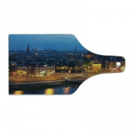 

City Cutting Board Night View of Amsterdam Famous Landmark European Urban Travel Architecture Decorative Tempered Glass Cutting and Serving Board Wine Bottle Shape Blue Marigold Tan by Ambesonne