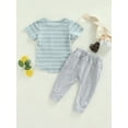 thumbnail image 3 of Baby Toddler Boy Outfit Set Stripe Patchwork Pocket Short Sleeve T-shirt with High Waist Long Pant Suit, 3 of 8