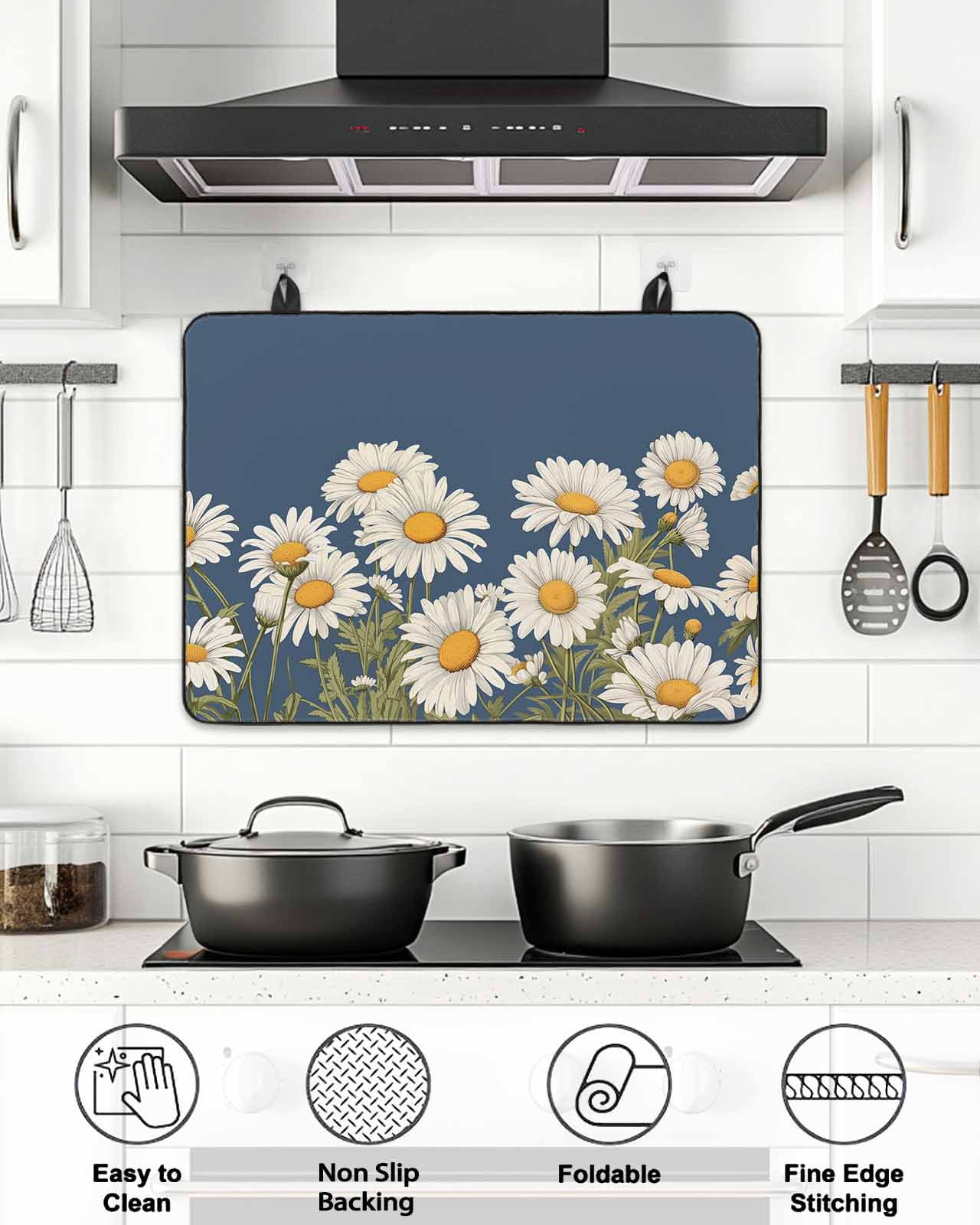 Stove Top Covers for Electric Stove, Daisy Glass Stovetop Cover Protector, Spring Floral Summer Botanical Elegant Navy Blue Induction Cooktop Protector Oven Mat for Kitchen Countertop 24"x21"