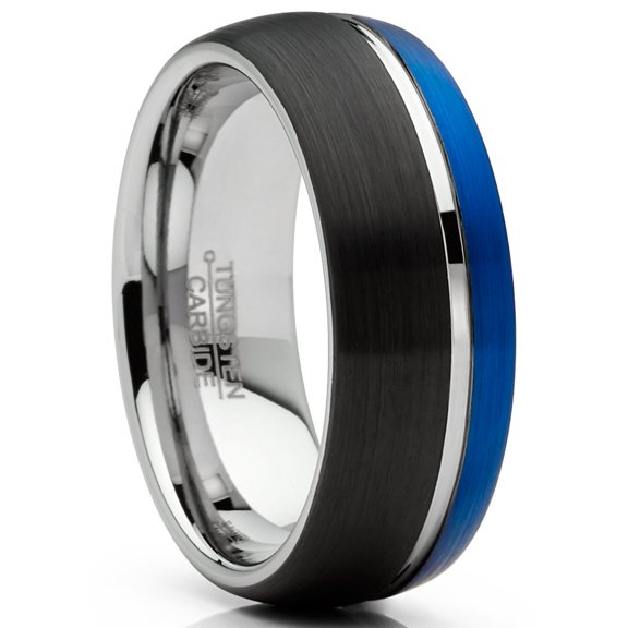 Mens Tungsten Ring Dome Wedding Band Groove Black Blue Silver Comfort-fit 8MM