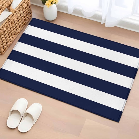 Navy Blue Stripe Washable Small Entryway Area Rugs 2'x3', Simple Style White Striped Low Pile Throw Rug Non-Slip Sturdy Edge Binding Carpet for Front Door Floor Room Entry
