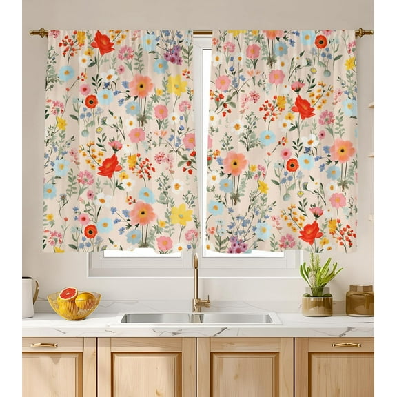 Kitchen Curtains (2 Pcs) Over Sink for Bathroom Window Cafe Basement Cortinas para Cocina Farmhouse Short Mini Curtain Flower Floral Summer Elegant Country Rustic Modern Cute - 26×36"