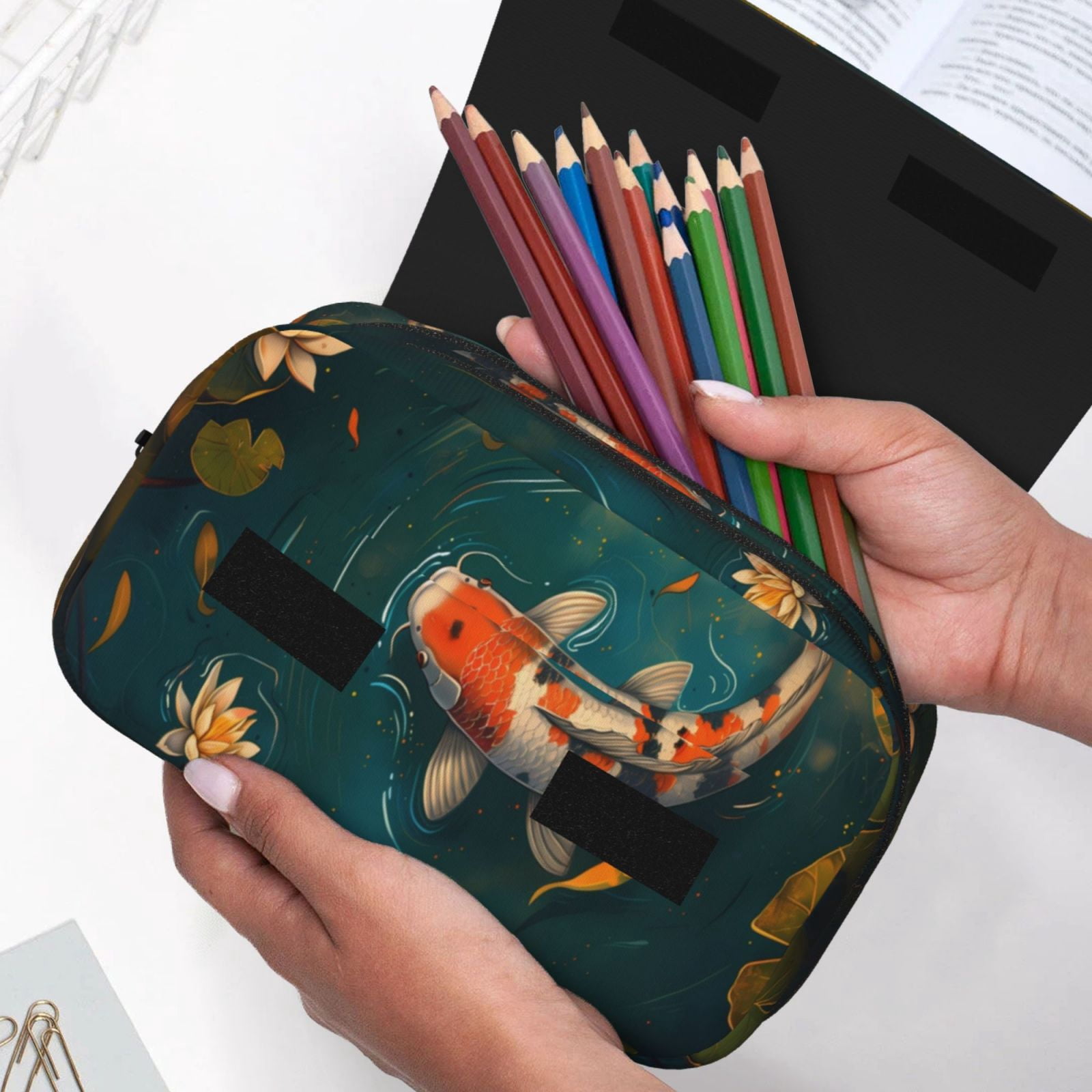 Rateoe Koi Pond Lilies Pattern Double Clamshell Pen Case, Storage Organizer with Two Zipper Compartments– Holds Up to 50 Pencils & Pens
