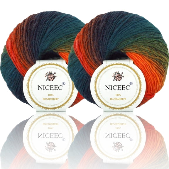 NICEEC 2 Skeins Soft Rainbow Yarn 100% Wool Gradient Multi Color Yarn for Crocheting Knit Total Length 180m×2(196yds×2,50g×2)-10#