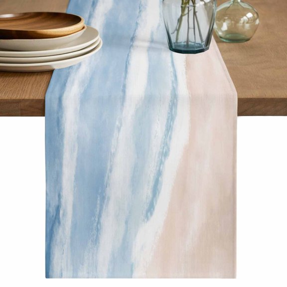 Ombre Blue Waves Table Runner, Gradient Coastal Beach Sandy Ocean Washable Cotton Linen Table Runners 108 Inches Long, Dresser Scarf Runner for Dining/Living Room/Kitchen/Square Tables 13''x108''