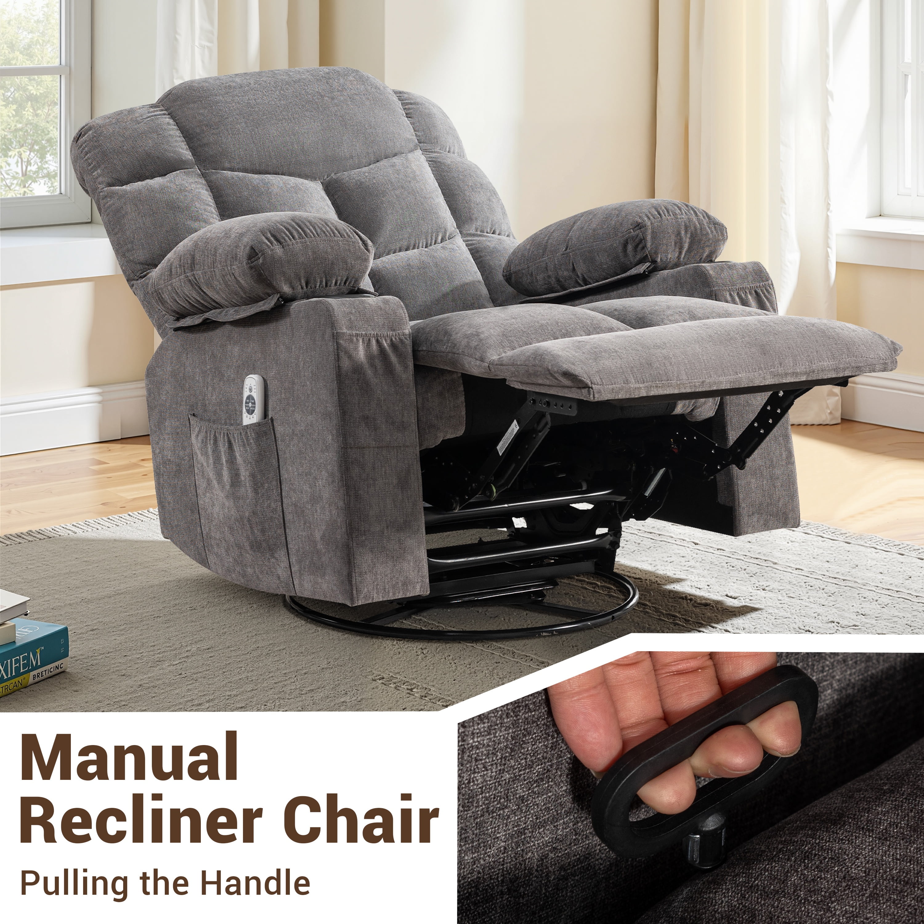 Swivel Rocker Chair, LEGAHOME Manual Glider Rocking Chair for Nursery with Massage and Heat, 22.8in Glider Massage Recliner Chairs for Adults, with Cup Holder and Side Pocket, Gray