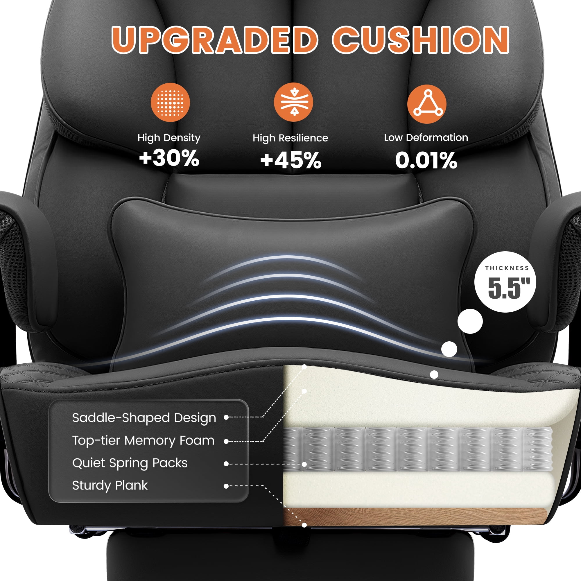 CoolHut Big and Tall Office Chair 400LBS, Adjustable Headrest Ergonomic Computer Desk Chair, Executive Leather Chair with Adjustable Armrest, High Back Office Chair Havy Duty Design, Black