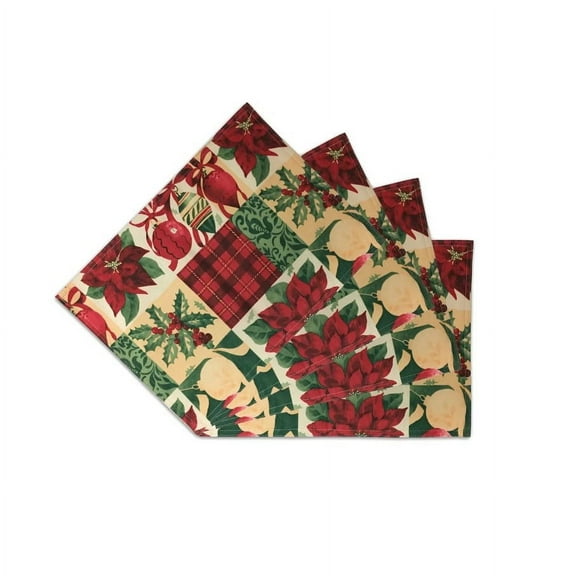 Kashi Home Holiday Christmas Fabric Placemat Set, Red Poinsettia, 13"x18", Set of 4