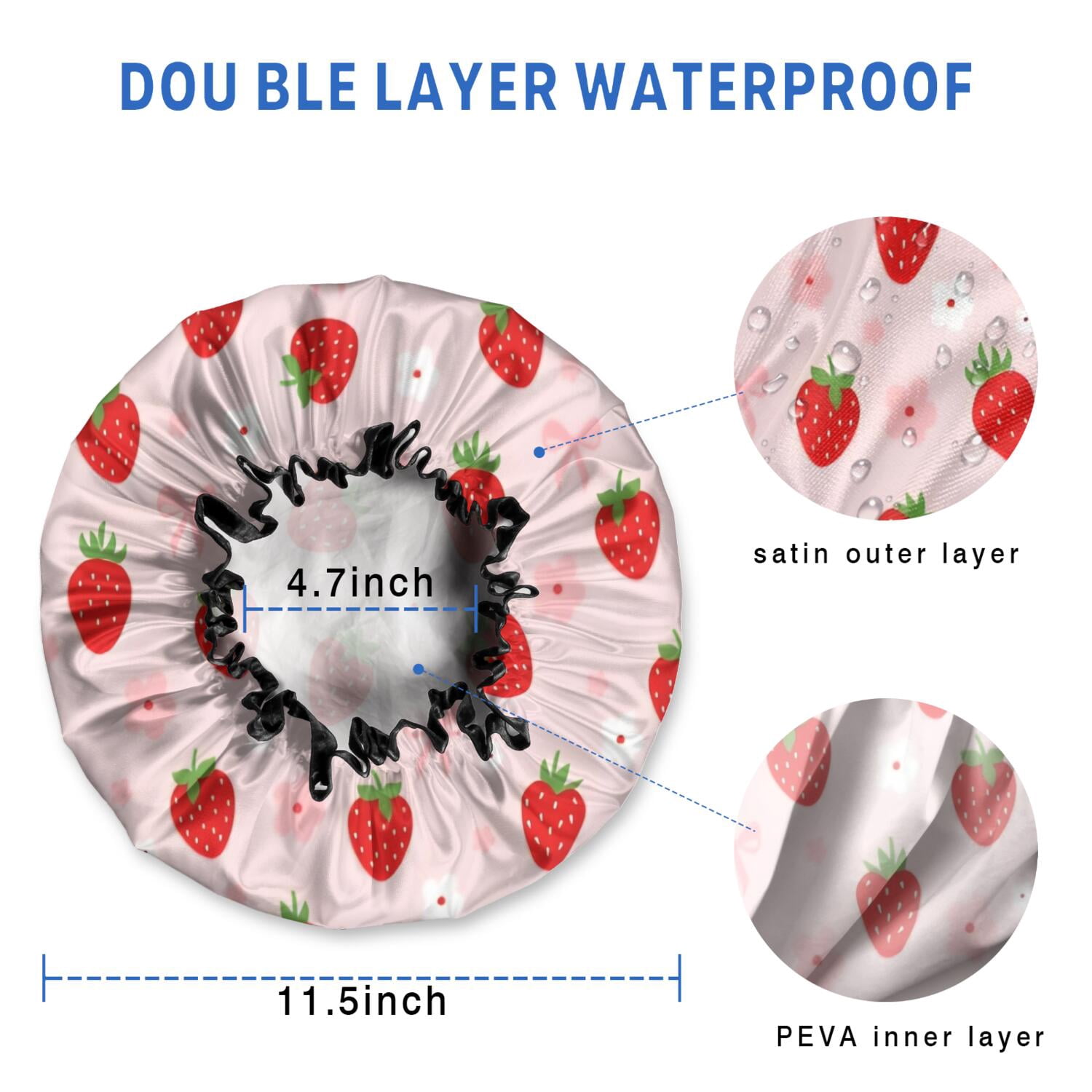 Shower Caps,Strawberry Plants Fruit Flower Bow Waterproof Shower Cap for Women 4 Pieces,Double Reusable Hair Cover for Shower PEVA Elastic Stretch Hem