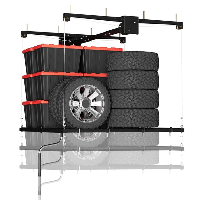 EDTara Adjustable Ceiling Storage Rack, 4x4 Ft Carbon Steel Overhead System With Hand Crank, 350 Lbs for Garage or Basement