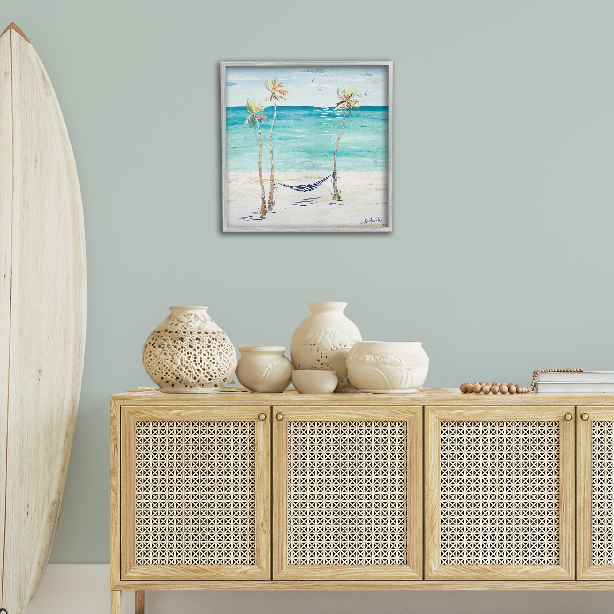 Stupell Industries Hammock & Three Palms Coastal Painting Gray Framed Art Print Wall Art, 24 x 24