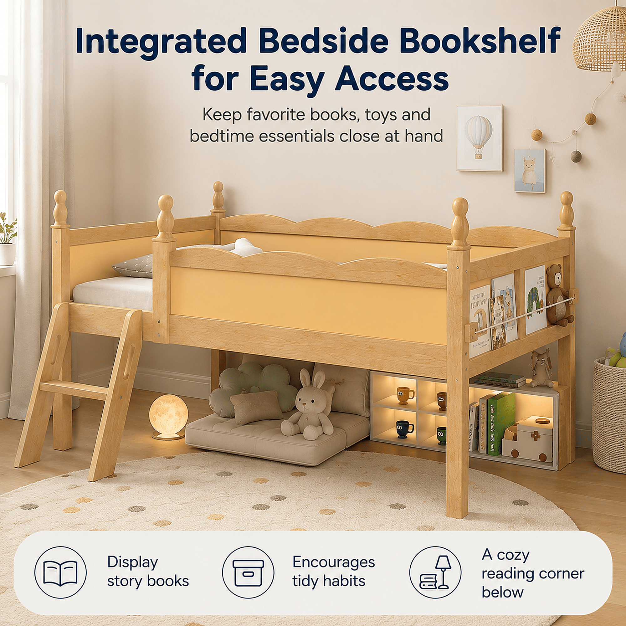 Miniyam Twin Low Loft Bed with Bookshelf and Guardrails, Wood Kids Bed for Bedroom, Natural