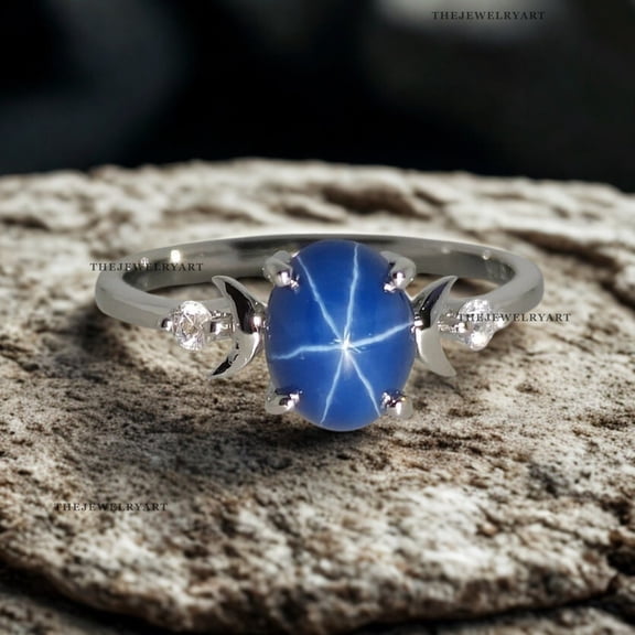thejewelryart Blue Star Sapphire Ring – Natural Asterism Sterling Silver, Fine Jewelry Oval Cut Gemstone Ring for Special Occasions Silver 3