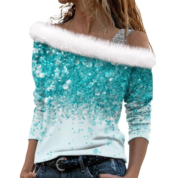 IROINNID Blouse for Women One-Shoulder Sexy Christmas Printed Plush Long Sleeve Pullover Casual Trendy Tops Deals,Light Blue