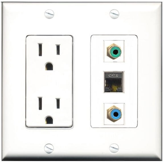 RiteAV - 15 Amp Power Outlet 1 Port RCA Green 1 Port RCA Blue 1 Port Shielded Cat6 Ethernet Ethernet Decorative Wall Plate