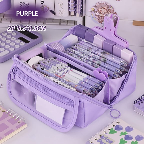 Yardvibe 2PC Big Capacity Purple Pencil Case, Multi Compartment Stationery Storage Pouch, Large Pencil Pouch for Adults Men Women Office, Portable Cloth Bag for Stationery