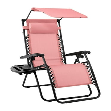 Outdoor Folding Zero Gravity Recliner, Patio Lounge Chair w/Adjustable Canopy Shade, Headrest, Side Accessory Tray, Textilene Mesh - Pink