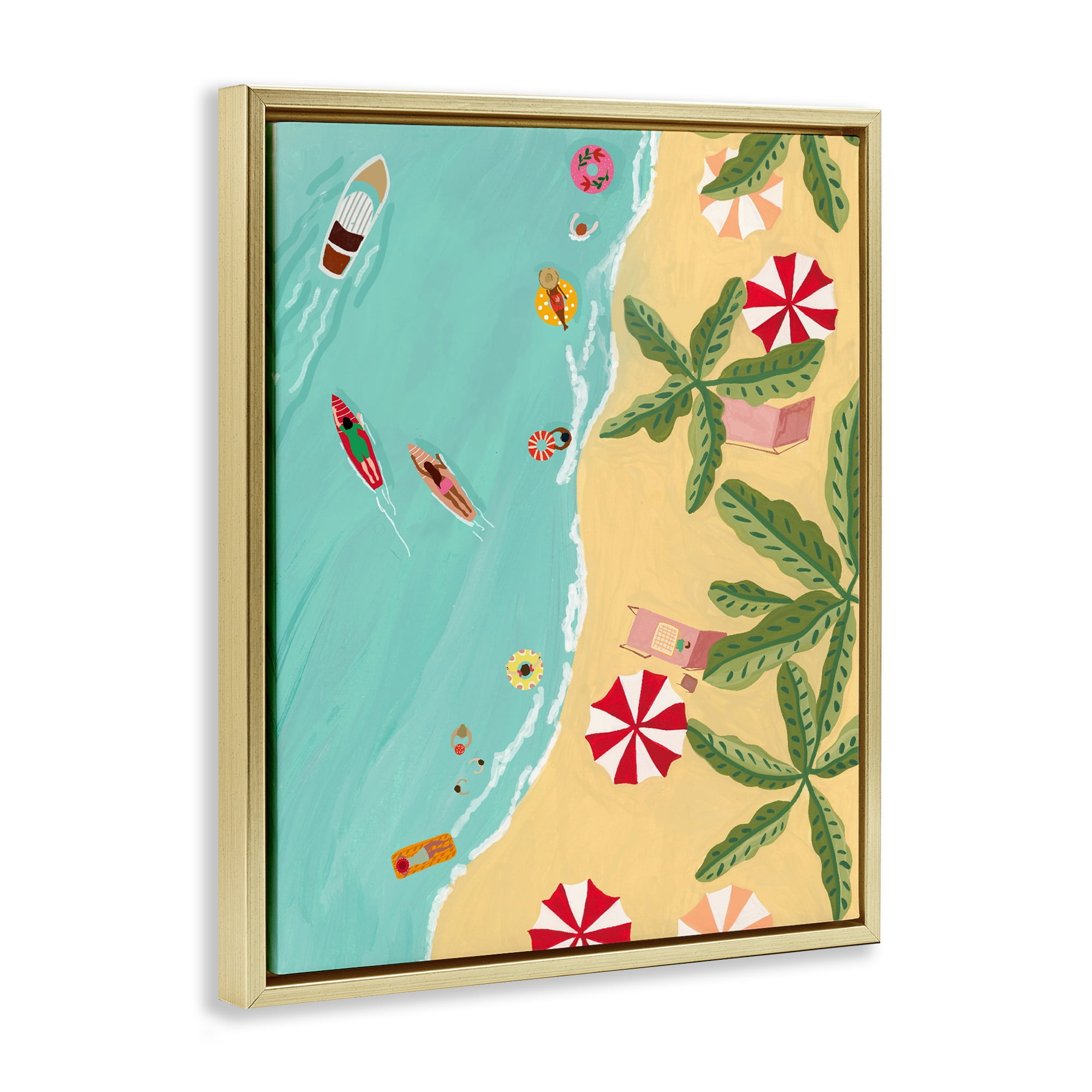 Busy Beach Day Hangout Gold Framed Floater Canvas Wall Art, design by Nabeela Rumi