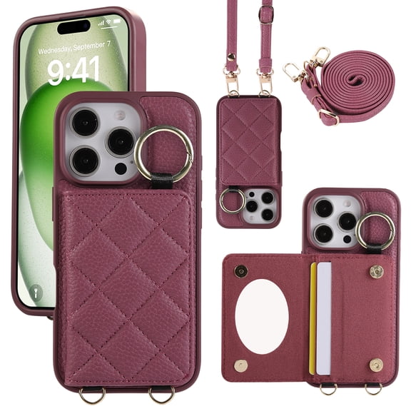 Crossbody Wallet Case for iPhone 14 Pro Max with Make-up Mirror, PU Leather Lanyard Purse Magnetic Clasp Card Holder, Flip Kickstand Shockproof Phone Cover for iPhone 14 Pro Max, Winered