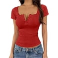 thumbnail image 2 of Women Y2K Short Sleeve Button Up Lace Patchwork Crop Tshirt Tops Slim Fit Scoop Neck Henley Summer Tee Tops, 2 of 5