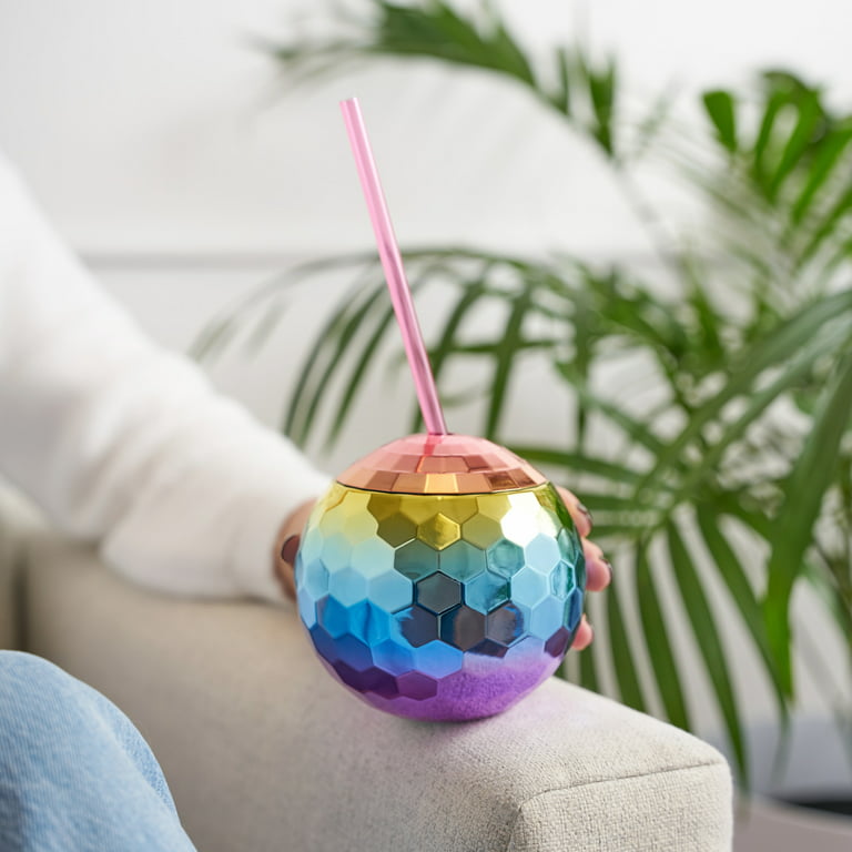 Blush Rainbow Disco Ball Cup with Straws for Parties - 16 Ounce Cute  Sparkly Glitter Cocktail Disco Ball Drink Tumbler, Party Supplies 