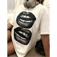 thumbnail image 4 of Oversized Casual Round Neck Short Sleeve Tee With Teeth & Lip Graphic, Loose Fit Cotton Pullover T-Shirt For Women, Summer, 4 of 5