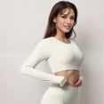 thumbnail image 4 of Women's Active Crop Top with Crew Neckline Seamless Stretch Fit and Thumbhole Cuffs - Off White, Small, 4 of 7