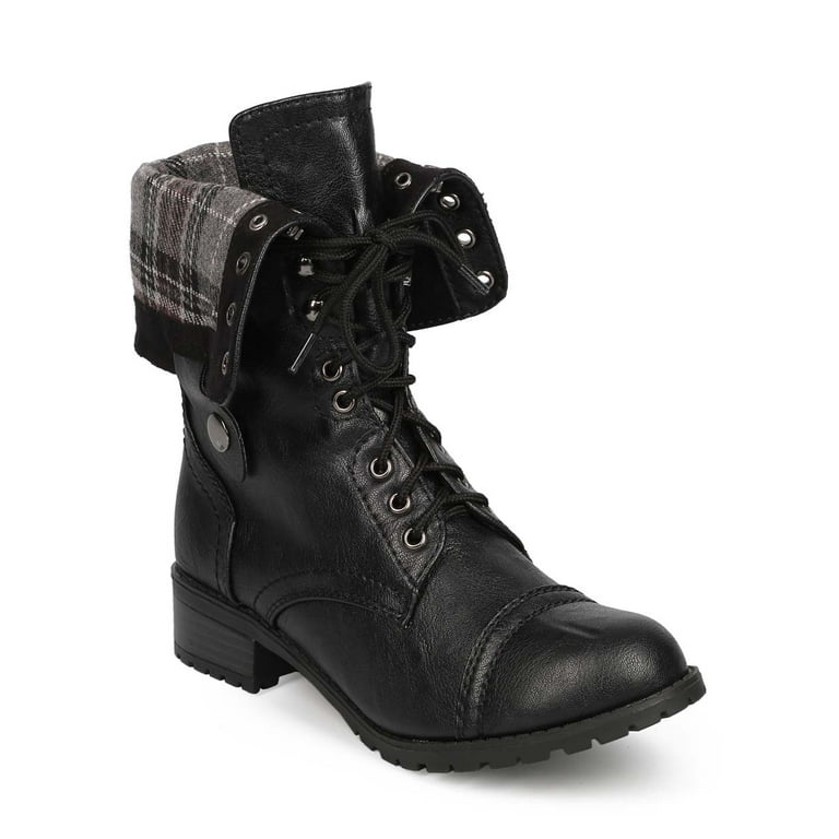 Fold over combat 2025 boots with plaid inside