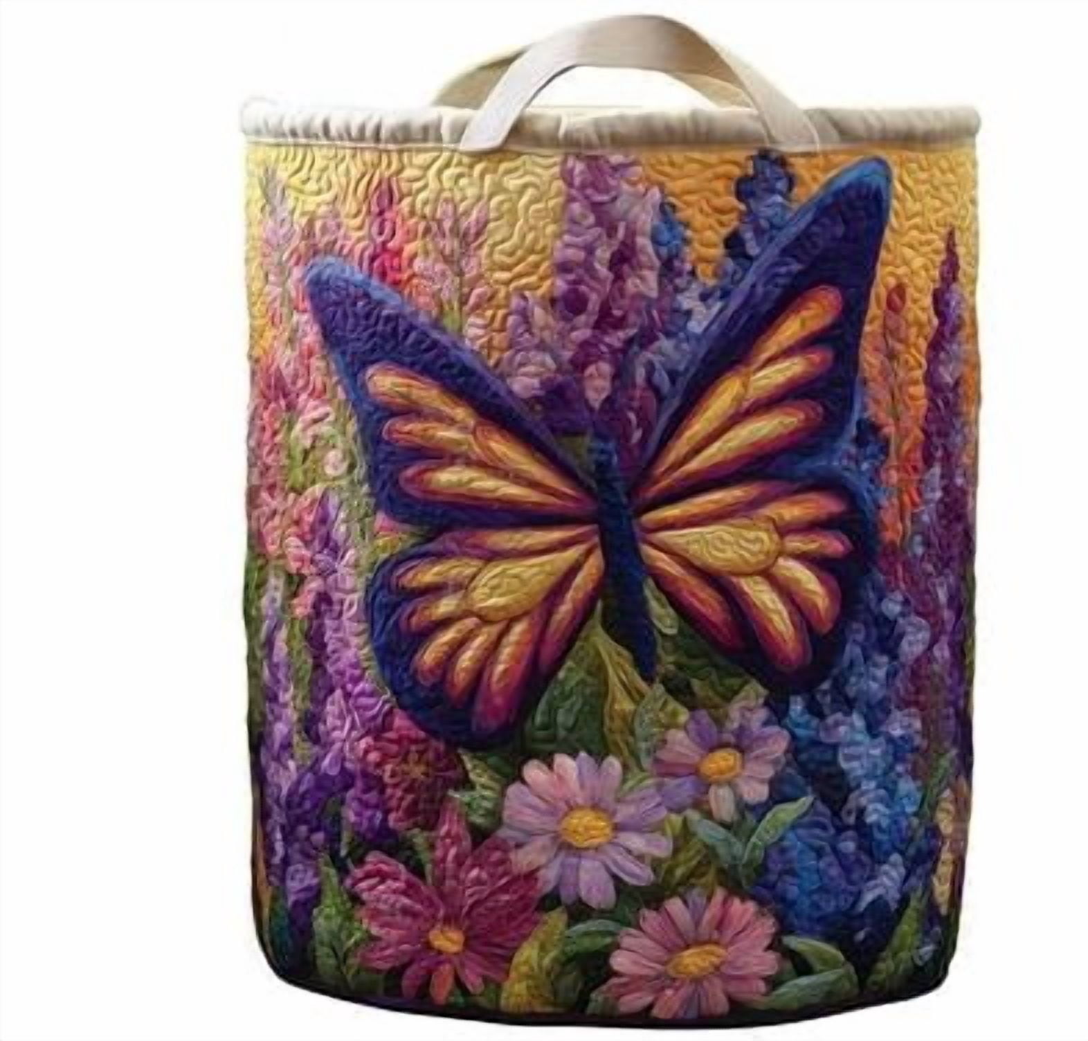 Quilted Laundry Basket with Handles, Boho Fabric Floral Storage Hamper, Collapsible Lightweight Multi-Functional Clothes Basket for Bedroom Nursery Laundry Room, 20"x28"
