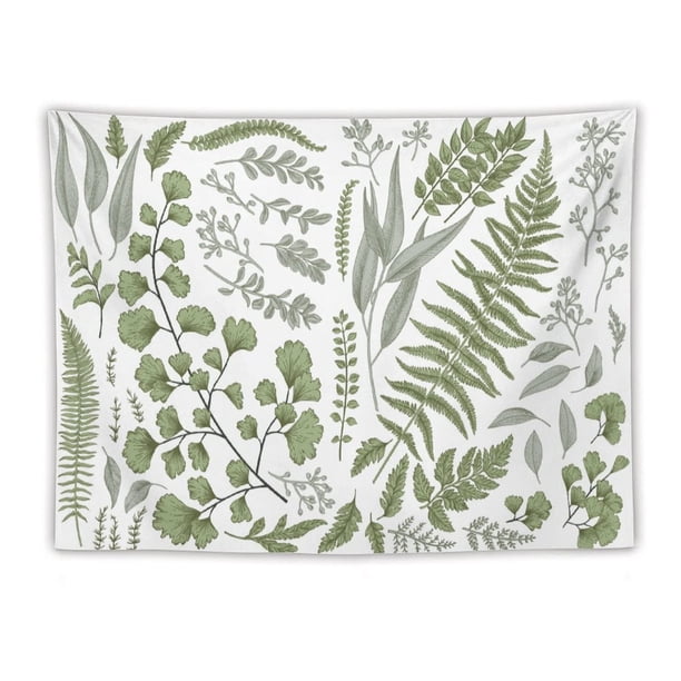 Tapiz de tela de poliéster botánico floral con tapiz colgante de pared de primavera blanca verde, dormitorio de sala de estar de 60 pulgadas de largo x 80 pulgadas de ancho