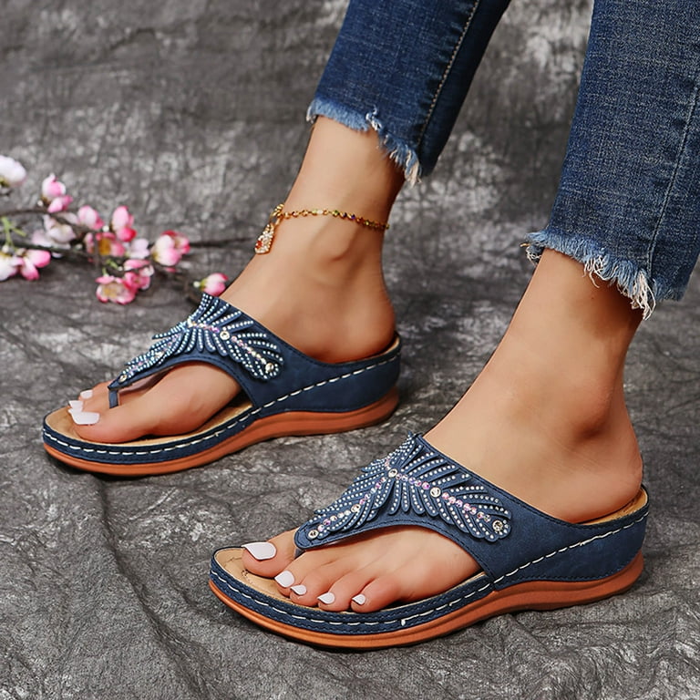 Hvyesh Womens Sandals Flip Flops for Women with Arch Support Cushion Summer  Casual Rhinestone Wedge sandal Shoes Dark Blue US 6.5 