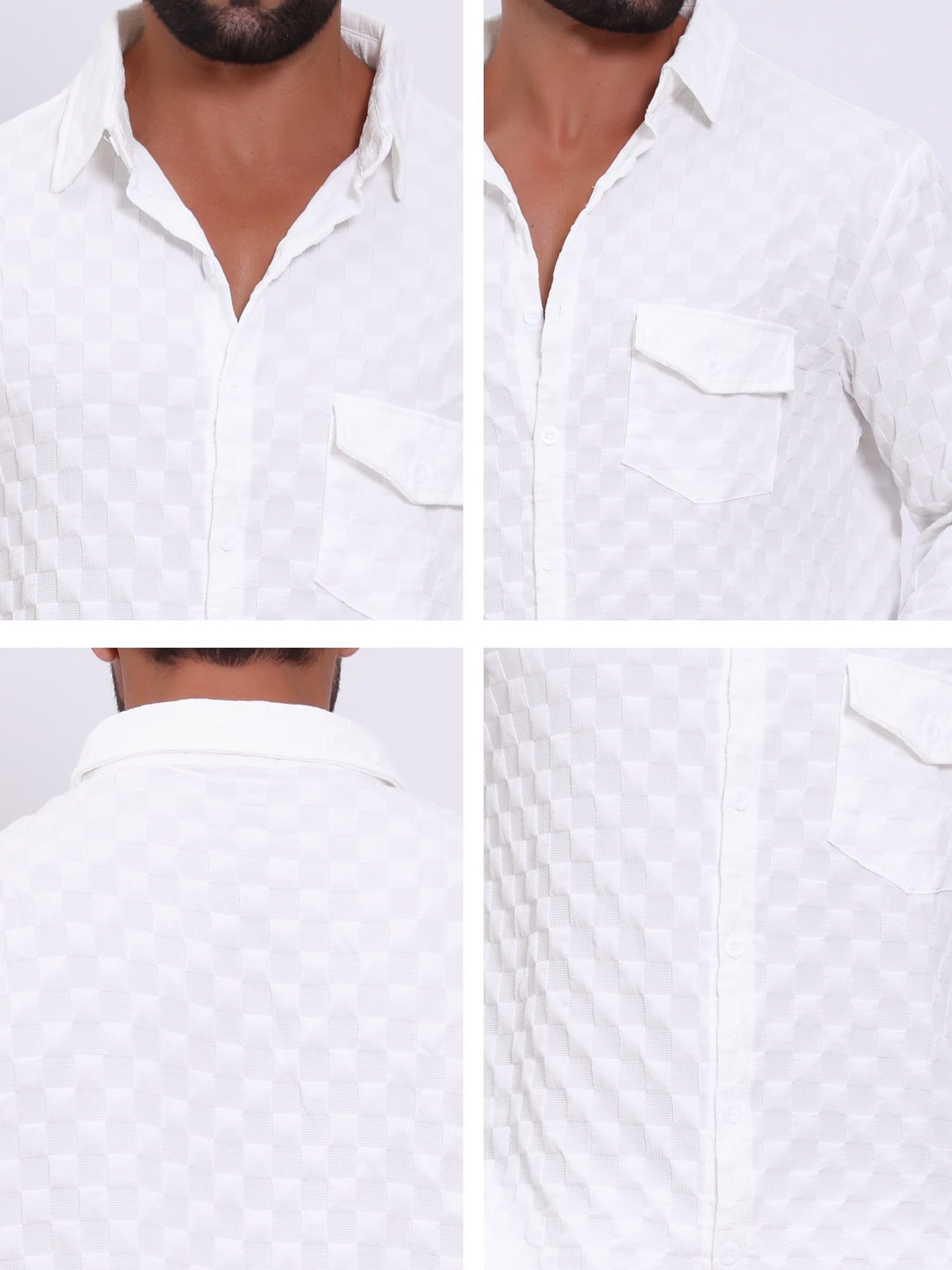 DARING DIVA Men's Plaid Textured Casual Long Sleeve Button Down Shirt XL White