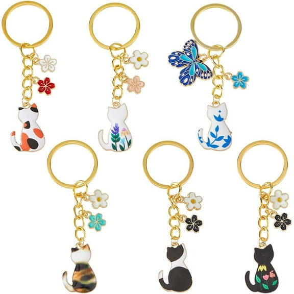 6Pcs Flower Cat Keychains Cute Enamel Cat Keychain 57.5mm Small Kawaii Bag Charm Funny Kitten Keychain for Women Gifts Purse Bag Handbag Backpack Accessories Colorful
